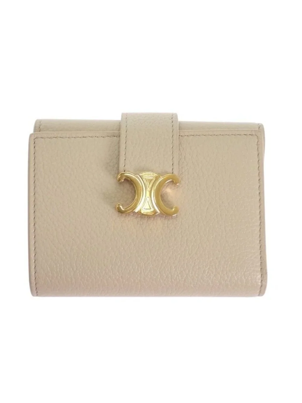 Celine Fine Strap Wallet Trifold Calfskin Beige Cream Triomphe Gold Included